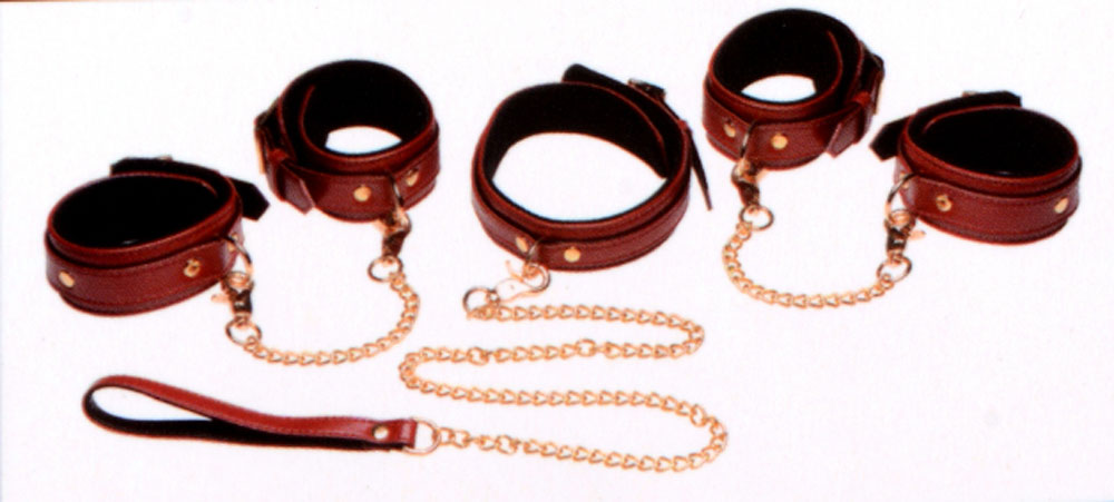 6 Piece Burgundy Bondage Set Burgundy Cuffs, Collar and Leash