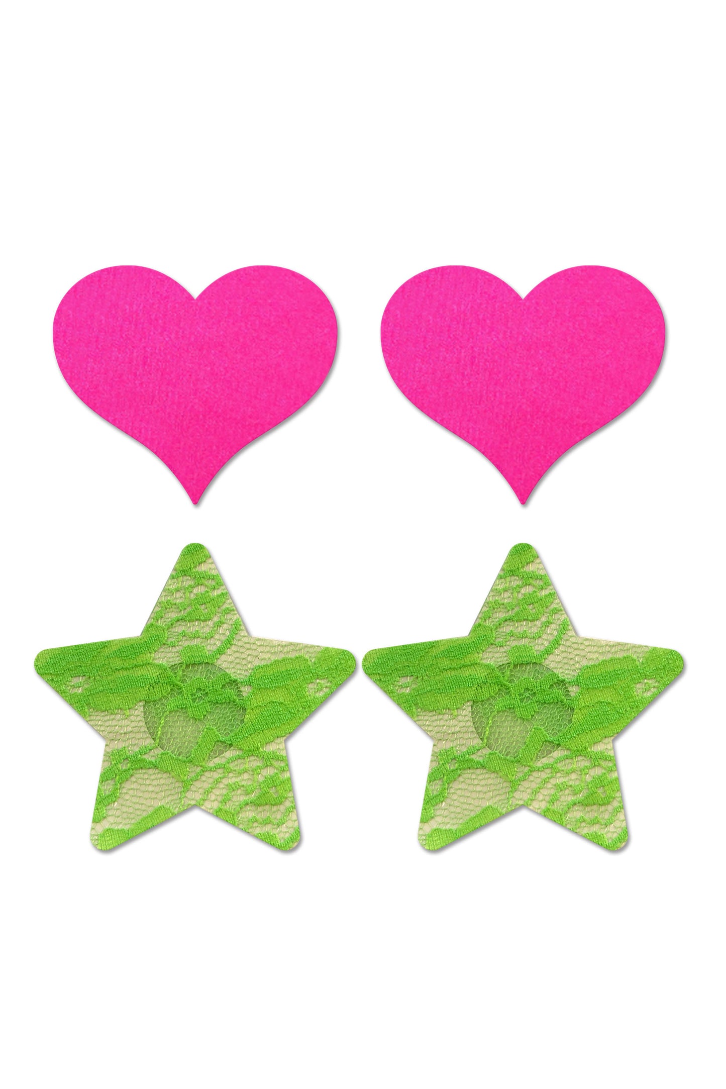 Fashion Pasties Set - Neon Pink Satin Heart and Neon Green Lace Star