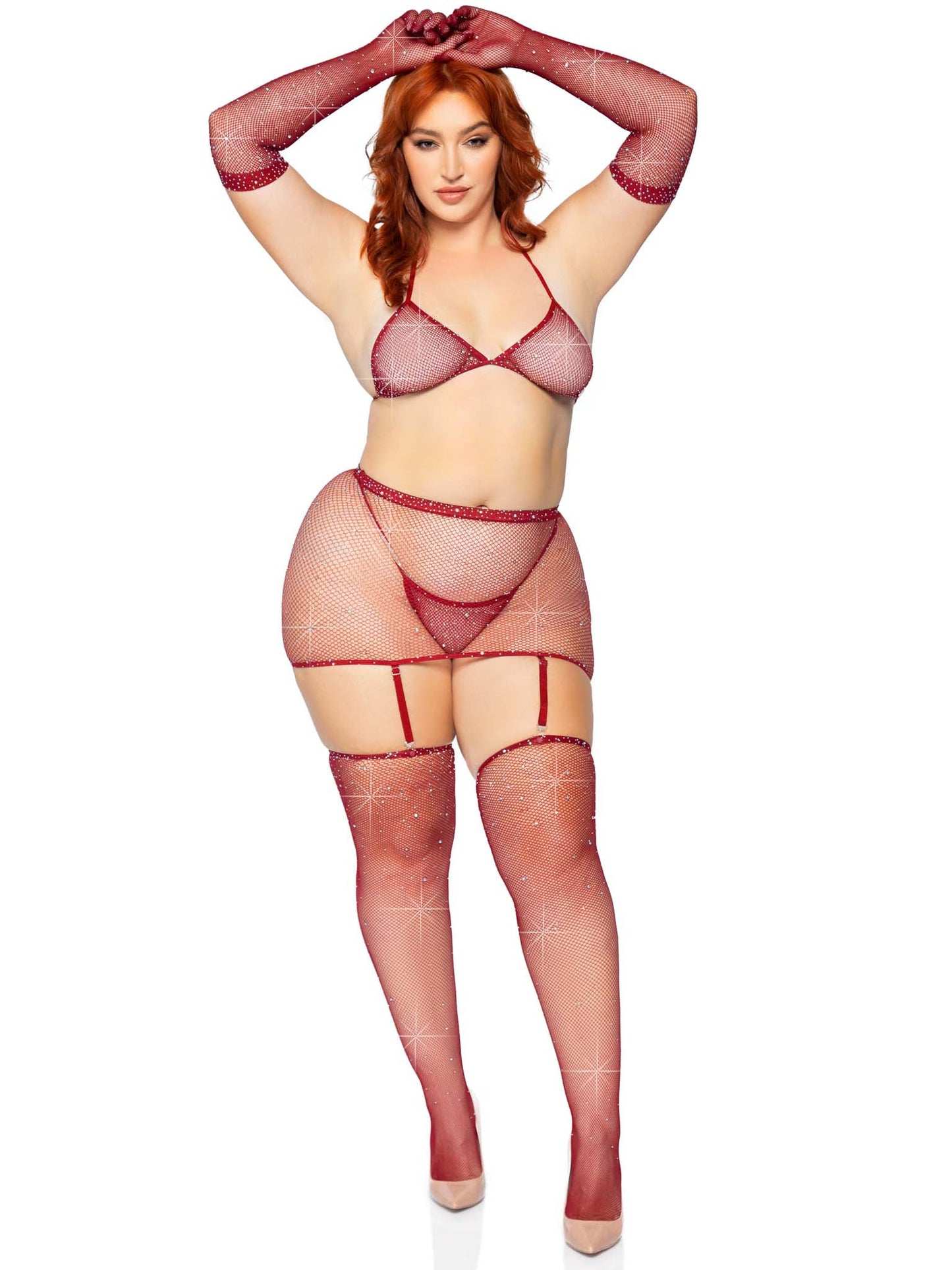 5 Pc Rhinestone Bikini Top G-String Garter Skirt, Gloves and Stockings - Queen Size - Burgundy