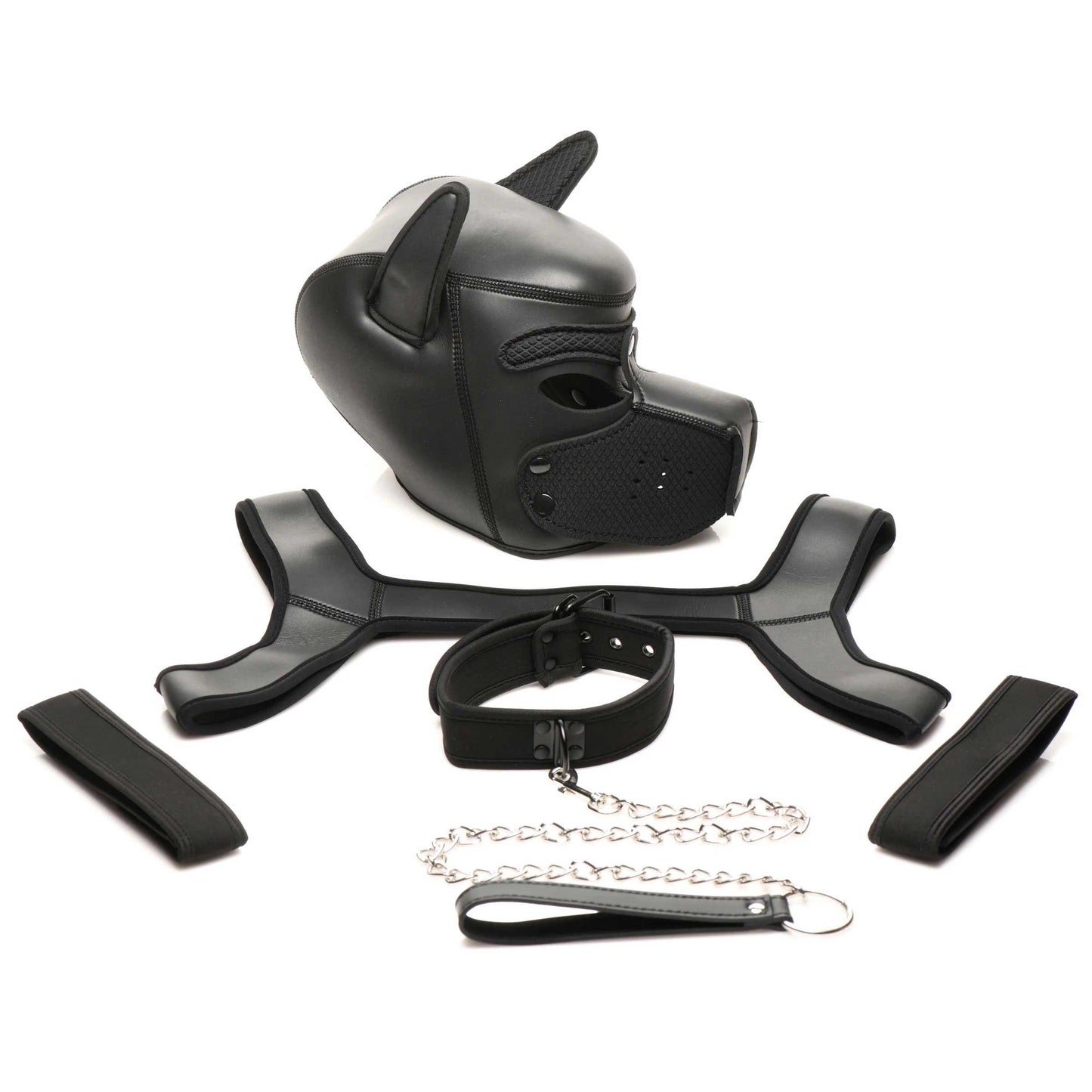 Full Pup Arsenal Set Neoprene Puppy Hood, Chest Harness, Collar With Leash and Arm Band - Black