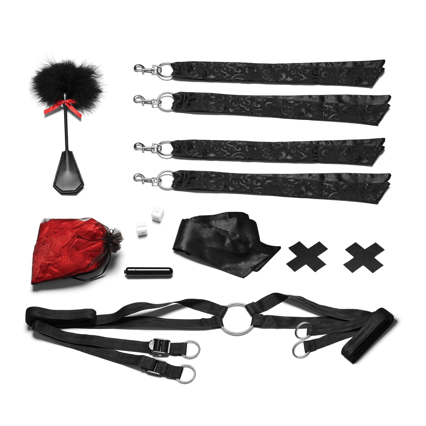 Night of Romance Satin Cuffs With Rose Petals 6pc Bedsreader Set