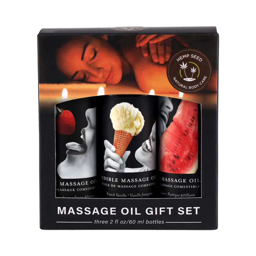 Edible Massage Oil Gift Set Box - 2 Fl. Oz. Bottles - Strawberry, Watermelon, Vanilla