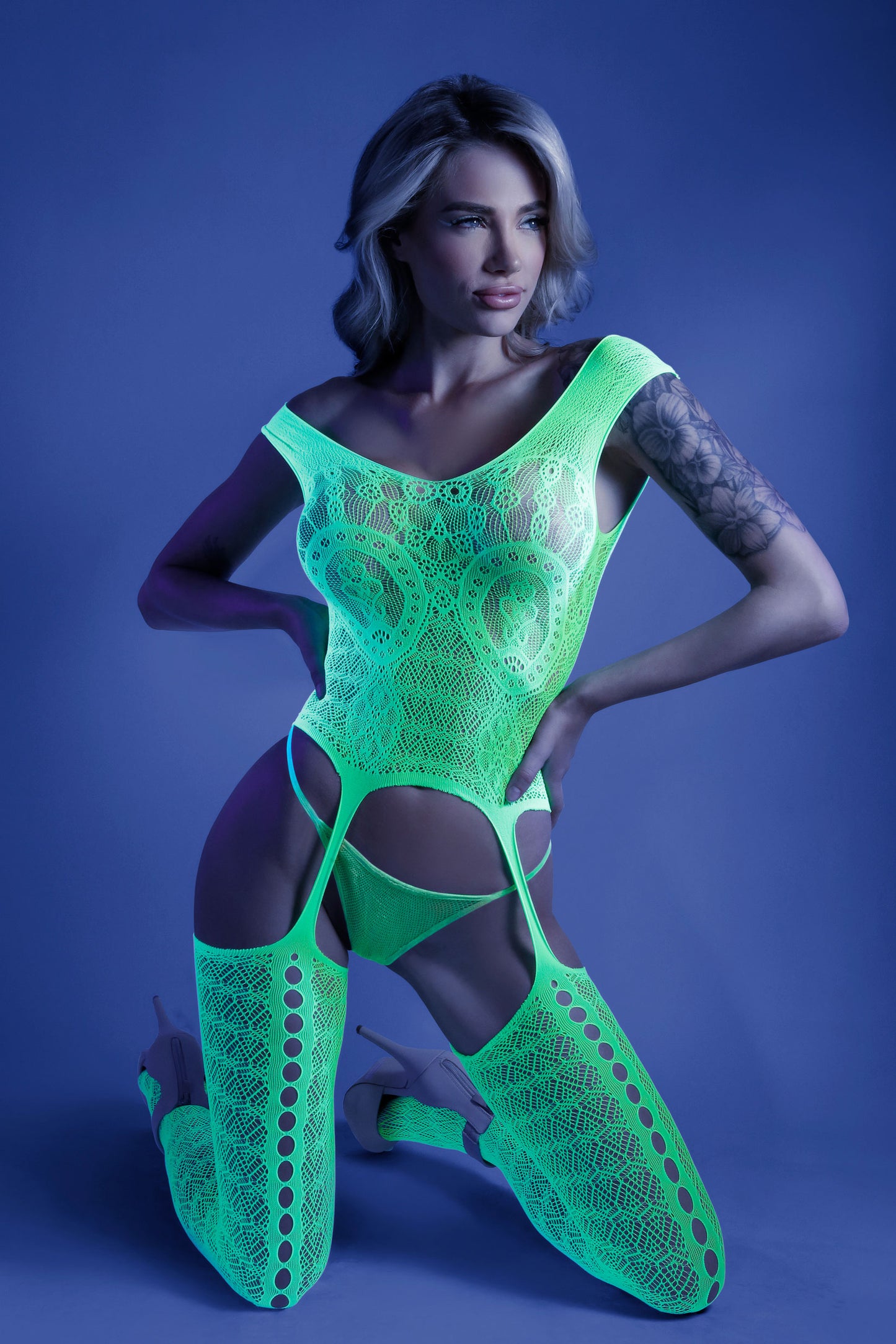 Supersonic Mosaic Bodystocking - One Size- Neon Green