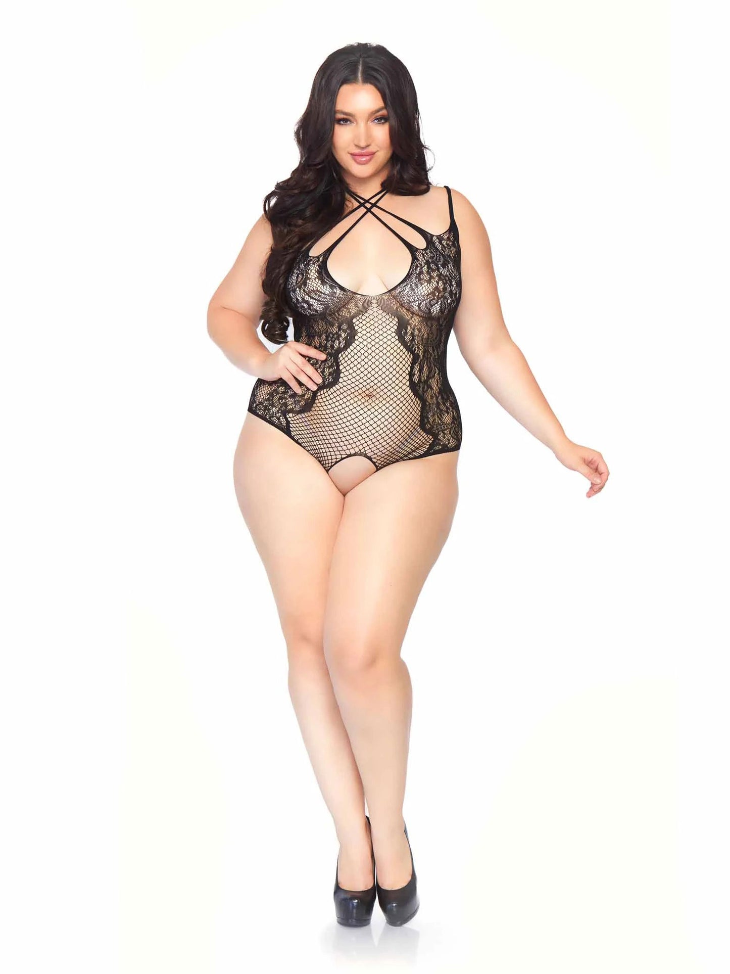 Net Lace Crotchless Teddy With Multi Strap Wrap - 1x/2x - Black