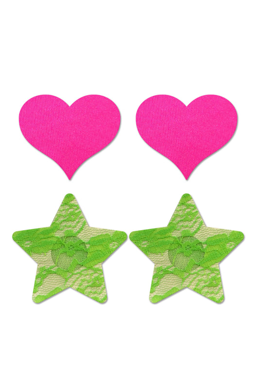 Fashion Pasties Set - Neon Pink Satin Heart and  Neon Green Lace Star