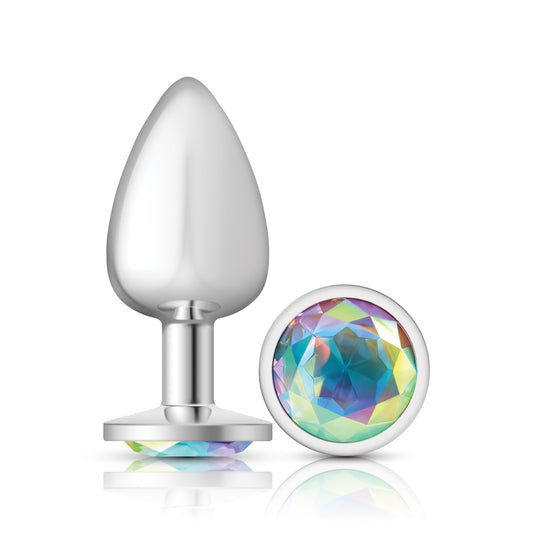 Clear Iridescent Round Gem Silver Metal Plug - Lg