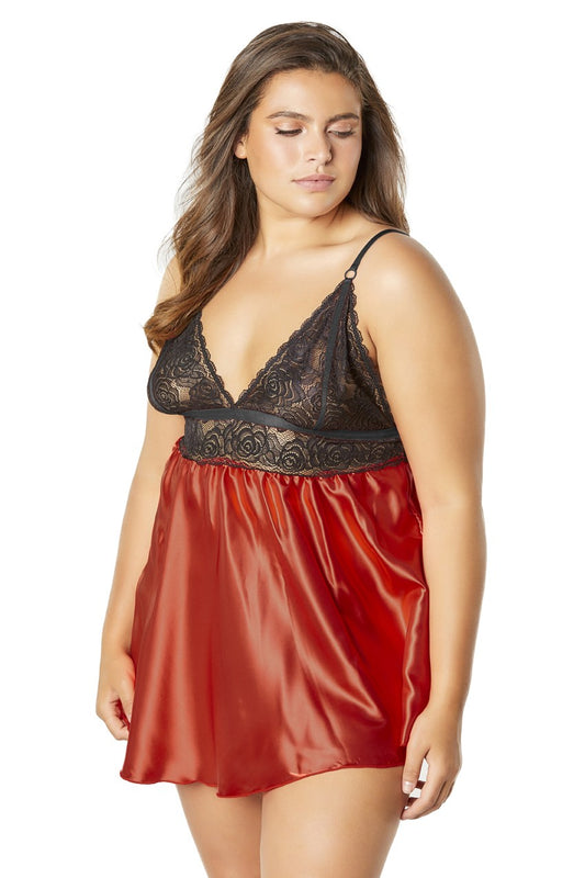 Lace Cup Satin Empire Body Babydoll With Contrast Color Piping + G-String - Black/red - 3x4x