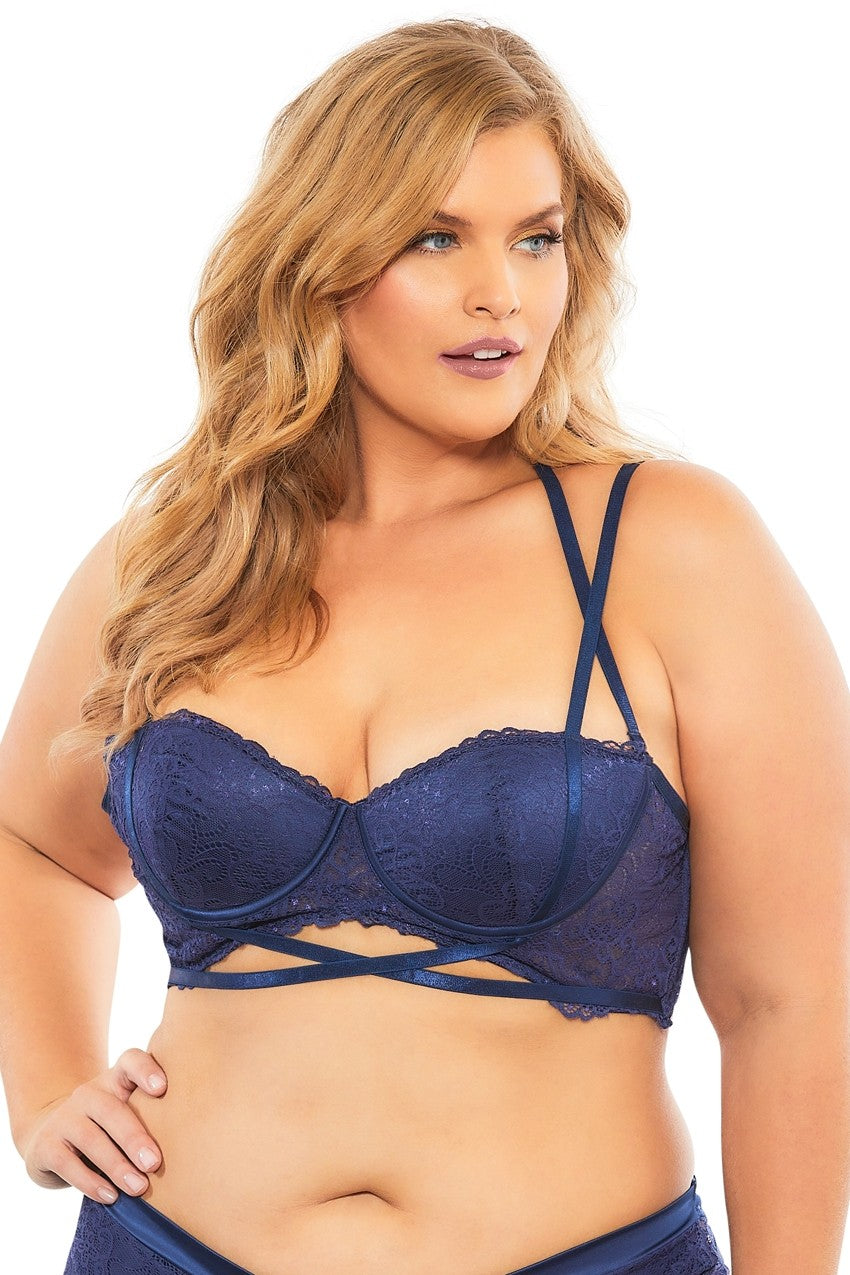 Lace Push Up Balconette Bra With Crossing Halter Straps - Estate Blue - 2x