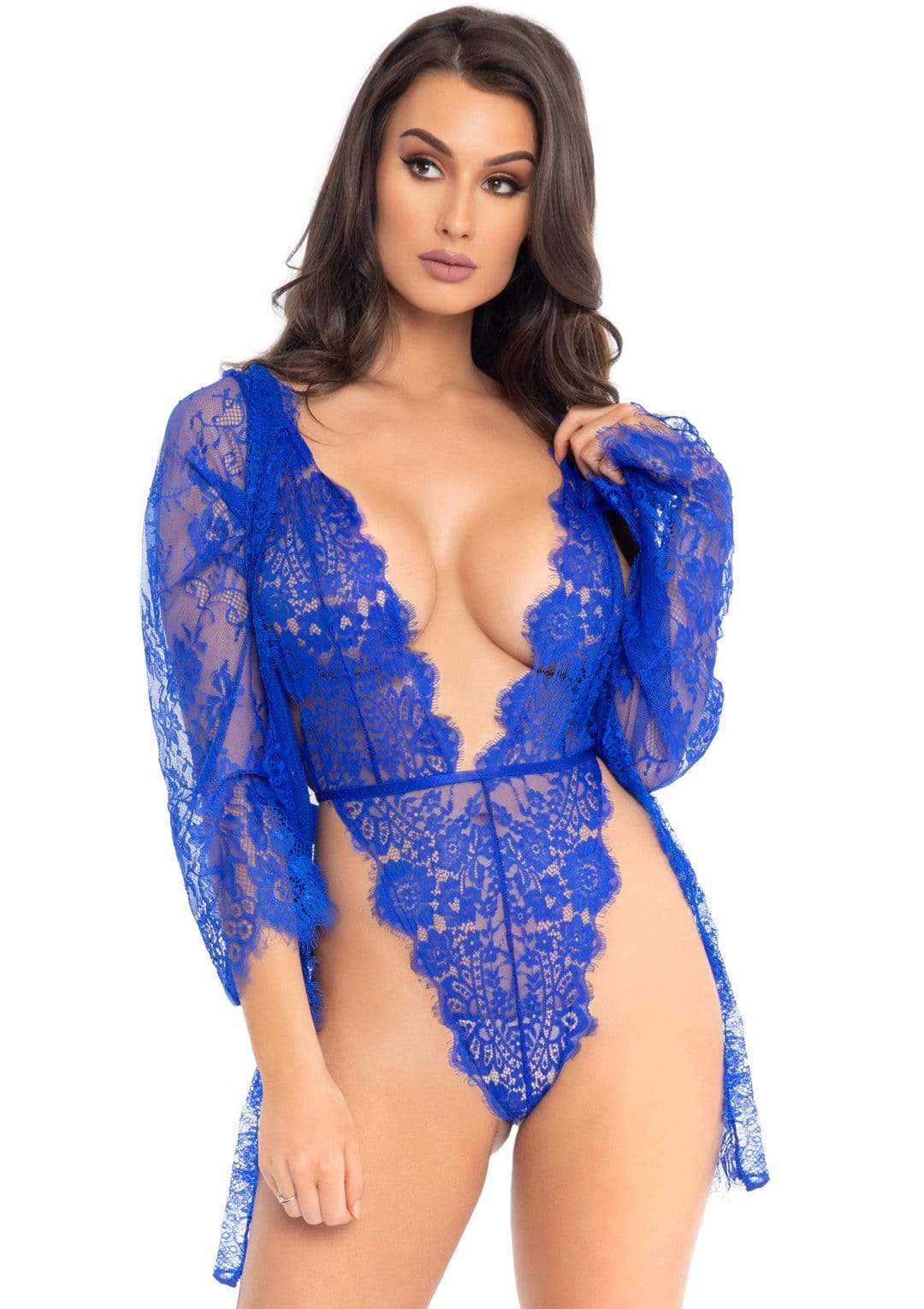 3pc Lace Teddy and Robe Set - Royal Blue - Large