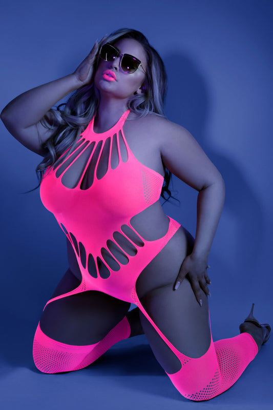 No Promises Teddy Bodystocking - Queen - Neon  Pink