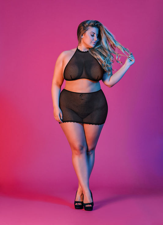 Sexy Time Polka Dot Mesh Halter and Skirt Set - Black - 1x-3x