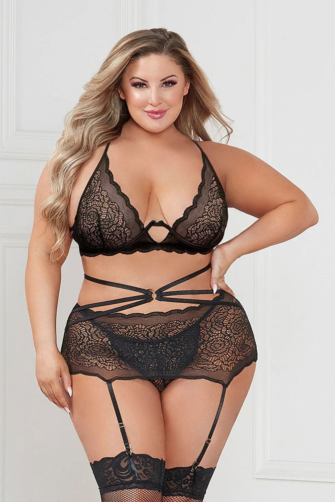 Three Piece Floral Lace Bra, Skirt, and G-String  Set - Queen - Black