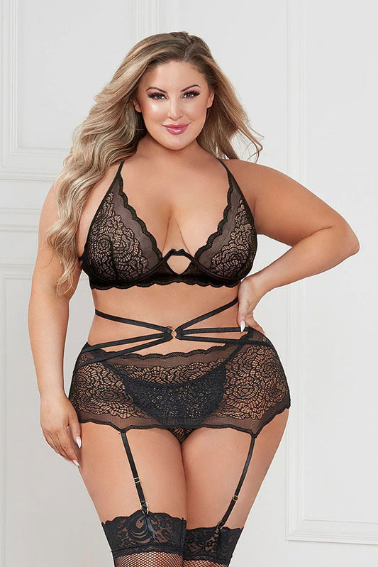 Three Piece Floral Lace Bra, Skirt, and G-String  Set - Queen - Black